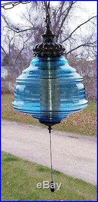 Vintage Falkenstein Mid Century UFO Blue Glass Hanging SWAG Lamp 3 Way Light
