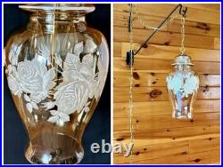 Vintage Falkenstein Roses Hanging Lamp Swag Hollywood Regency Opalescent Glass