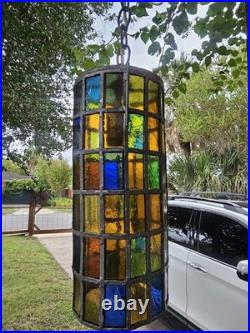 Vintage Felipe Derflingher Brutalist Stained Glass Cylinder Pendant Hanging Lamp