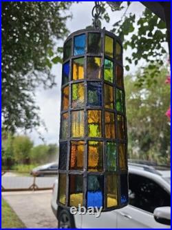 Vintage Felipe Derflingher Brutalist Stained Glass Cylinder Pendant Hanging Lamp