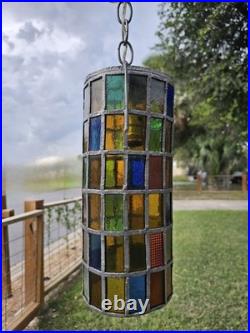 Vintage Felipe Derflingher Brutalist Stained Glass Cylinder Pendant Hanging Lamp