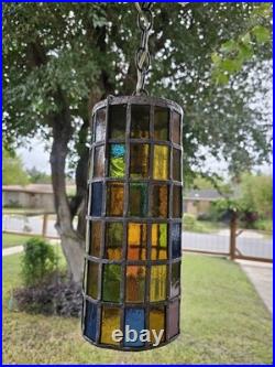 Vintage Felipe Derflingher Brutalist Stained Glass Cylinder Pendant Hanging Lamp