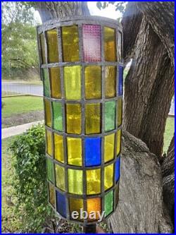 Vintage Felipe Derflingher Brutalist Stained Glass Cylinder Pendant Hanging Lamp