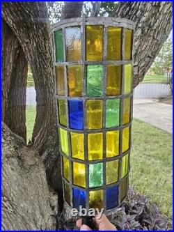 Vintage Felipe Derflingher Brutalist Stained Glass Cylinder Pendant Hanging Lamp
