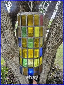 Vintage Felipe Derflingher Brutalist Stained Glass Cylinder Pendant Hanging Lamp