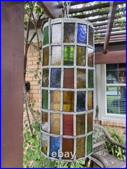 Vintage Felipe Derflingher Brutalist Stained Glass Cylinder Pendant Hanging Lamp