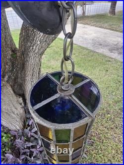 Vintage Felipe Derflingher Brutalist Stained Glass Cylinder Pendant Hanging Lamp