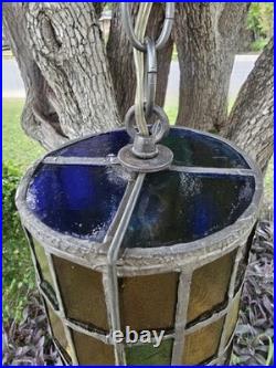 Vintage Felipe Derflingher Brutalist Stained Glass Cylinder Pendant Hanging Lamp