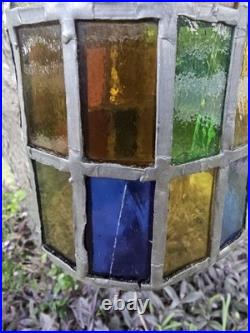Vintage Felipe Derflingher Brutalist Stained Glass Cylinder Pendant Hanging Lamp
