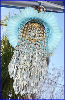 Vintage Fenton AQUA blue Jelly Fish Glass brass tole SWAG Lamp chandelier opalin