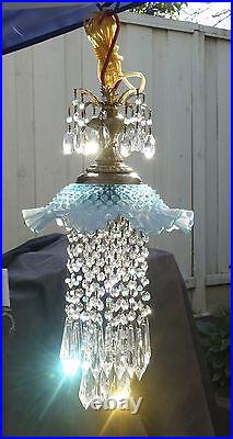 Vintage Fenton AQUA blue Jelly Fish Glass brass tole SWAG Lamp chandelier opalin