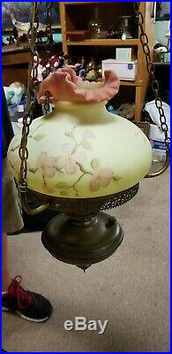 Vintage Fenton Burmese Dogwood Flowers Hanging Lamp Satin Pink Yellow 10 Fitter