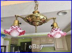 Vintage Fenton Cranberry Glass Shade & Brass 2 Lights Hanging Lamp Chandelier
