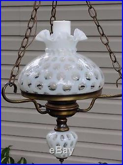 Vintage Fenton Hanging Lamp Opalescent Hurricane Coin Dot White Nice