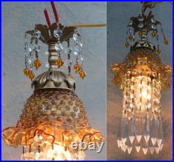 Vintage Fenton Jelly Fish Glass hanging brass tole SWAG Lamp Golden Yellow