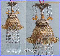 Vintage Fenton Jelly Fish Glass hanging brass tole SWAG Lamp Golden Yellow