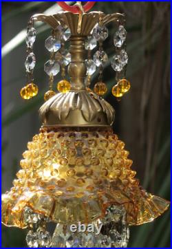 Vintage Fenton Jelly Fish Glass hanging brass tole SWAG Lamp Golden Yellow