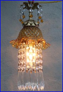 Vintage Fenton Jelly Fish Glass hanging brass tole SWAG Lamp Golden Yellow