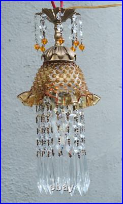Vintage Fenton Jelly Fish Glass hanging brass tole SWAG Lamp Golden Yellow