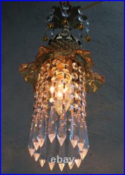 Vintage Fenton Jelly Fish Glass hanging brass tole SWAG Lamp Golden Yellow