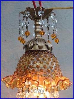 Vintage Fenton Jelly Fish Glass hanging brass tole SWAG Lamp Golden Yellow