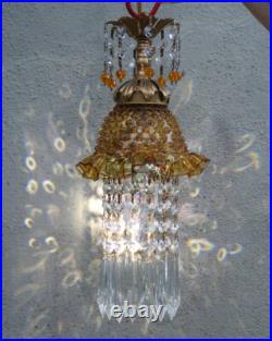 Vintage Fenton Jelly Fish Glass hanging brass tole SWAG Lamp Golden Yellow