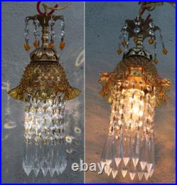 Vintage Fenton Jelly Fish Glass hanging brass tole SWAG Lamp Golden Yellow
