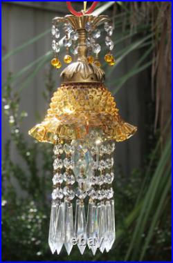 Vintage Fenton Jelly Fish Glass hanging brass tole SWAG Lamp Golden Yellow