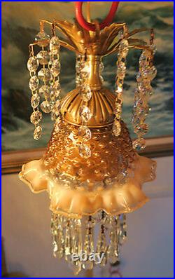 Vintage Fenton Peach pink Jelly Fish Glass hanging brass TOLE Lamp ceiling cano