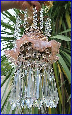 Vintage Fenton Peach pink Jelly Fish Glass hanging brass TOLE Lamp ceiling cano