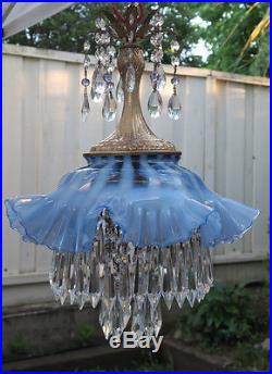 Vintage Fenton Purple Lily hanging Glass beaded brass tole SWAG Lamp chandelier