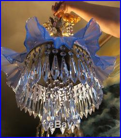 Vintage Fenton Purple Lily hanging Glass beaded brass tole SWAG Lamp chandelier