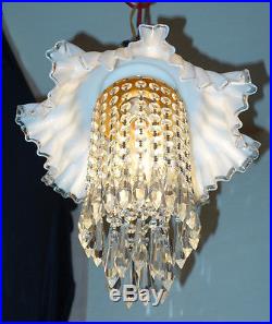 Vintage Fenton silver crest Jelly Fish Glass hanging brass SWAG Lamp chandelier