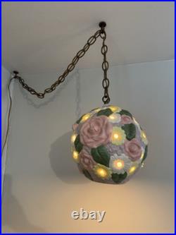 Vintage Floral Pastel Swag Lamp Ceramic Hanging Ceiling Light Purple Pink Flower