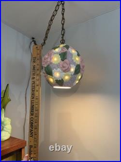 Vintage Floral Pastel Swag Lamp Ceramic Hanging Ceiling Light Purple Pink Flower