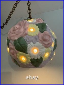 Vintage Floral Pastel Swag Lamp Ceramic Hanging Ceiling Light Purple Pink Flower