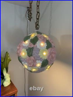 Vintage Floral Pastel Swag Lamp Ceramic Hanging Ceiling Light Purple Pink Flower