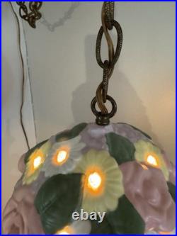 Vintage Floral Pastel Swag Lamp Ceramic Hanging Ceiling Light Purple Pink Flower