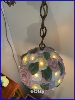 Vintage Floral Pastel Swag Lamp Ceramic Hanging Ceiling Light Purple Pink Flower