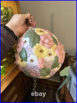 Vintage Floral Pastel Swag Lamp Ceramic Hanging Ceiling Light Purple Pink Flower