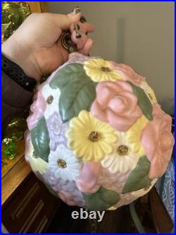 Vintage Floral Pastel Swag Lamp Ceramic Hanging Ceiling Light Purple Pink Flower