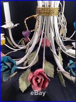 Vintage Floral Tole Shabby Chandelier 5 Arm Lamp Flowers Hanging Light