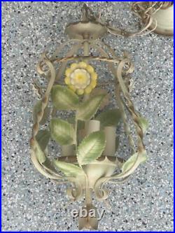 Vintage Florentine Tole Flowers Chandelier Hanging Lamp Tested & Working