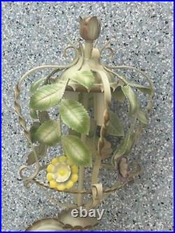 Vintage Florentine Tole Flowers Chandelier Hanging Lamp Tested & Working