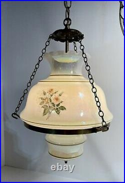Vintage Flowery Milk Glass Ceiling Hanging Hurricane Swag Light Fixture Lamp