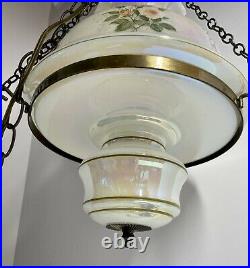 Vintage Flowery Milk Glass Ceiling Hanging Hurricane Swag Light Fixture Lamp