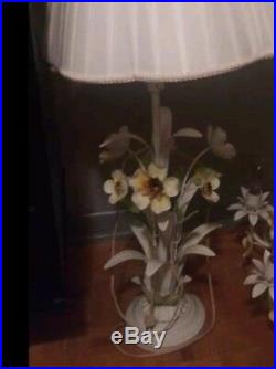Vintage French Country Italian Tole Metal Floral Hanging Chandelier AND Lamp