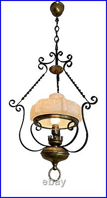Vintage French Iron & brass hanging parlor lamp