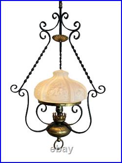Vintage French Iron & brass hanging parlor lamp
