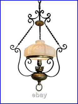 Vintage French Iron & brass hanging parlor lamp